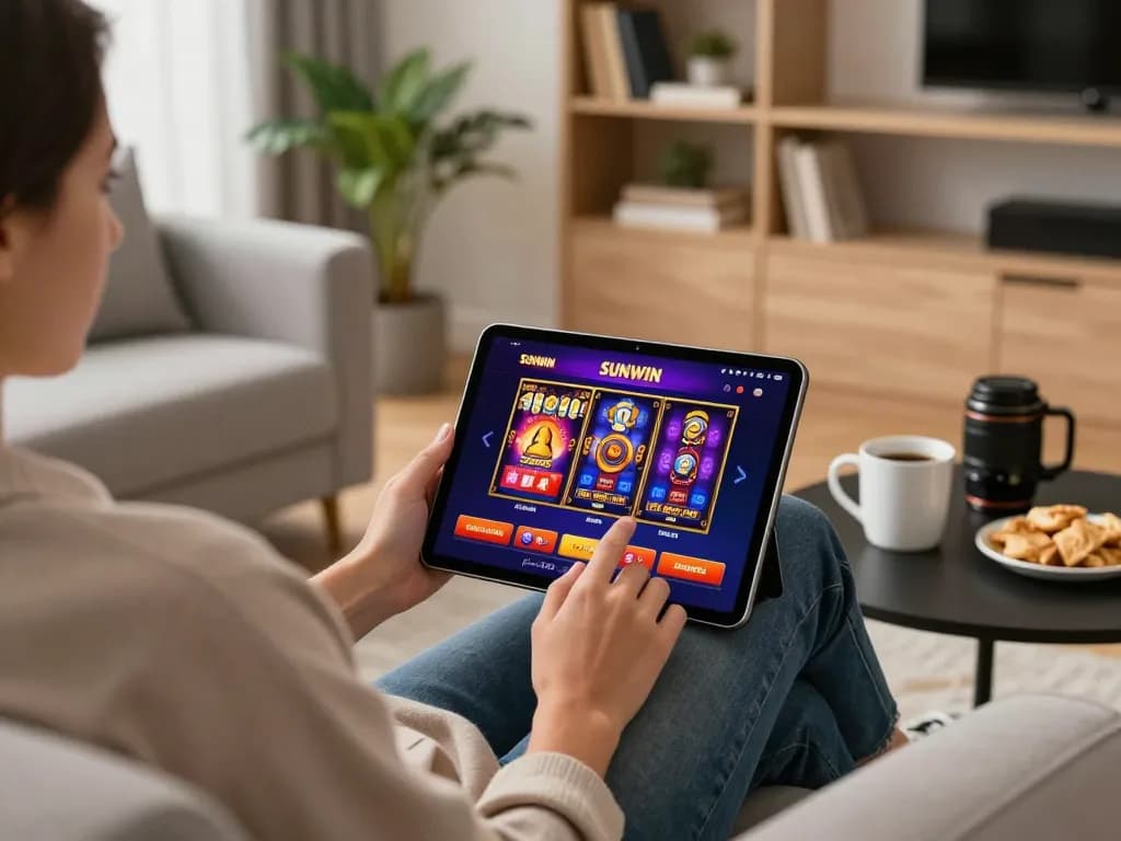 SUNWIN user engaging with vibrant gaming app on a tablet in a cozy home setting.