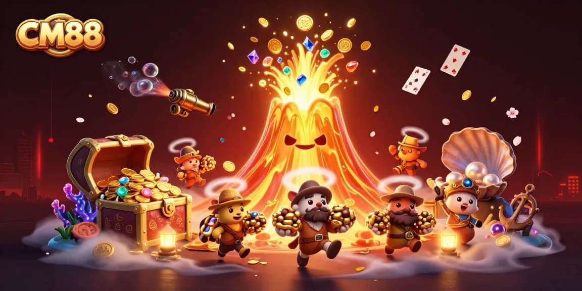 CM88 volcano erupts with treasures as tiny explorers flee; exciting gaming illustration