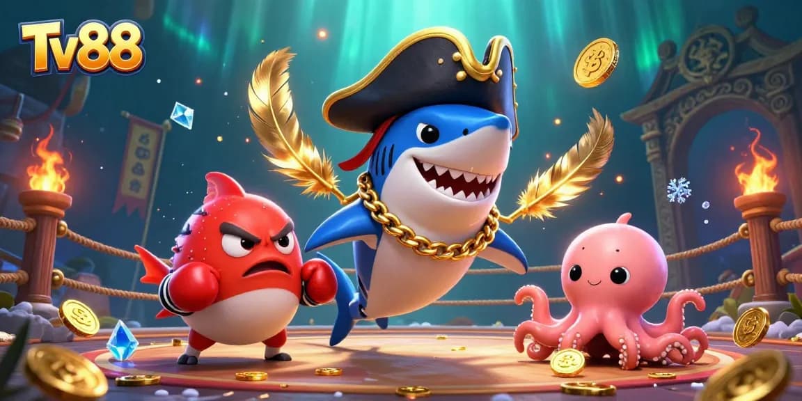 Engage in thrilling action with Tv88, featuring a pirate shark, a boxing pufferfish, and an octopus with coins.