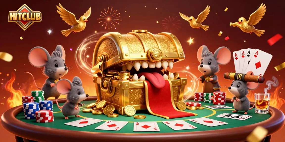 Experience HITCLUB's thrilling poker gameplay with a vibrant, engaging 3D illustration showcasing rich casino elements.