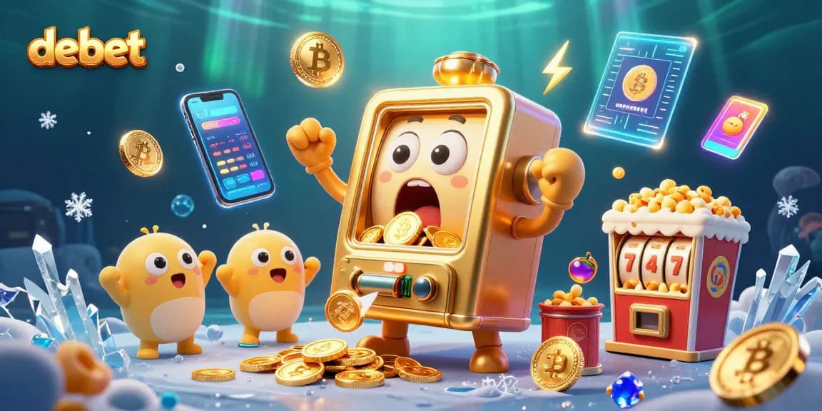 Hit the jackpot with debet as the animated slot machine and cheering characters celebrate in a vibrant scene.