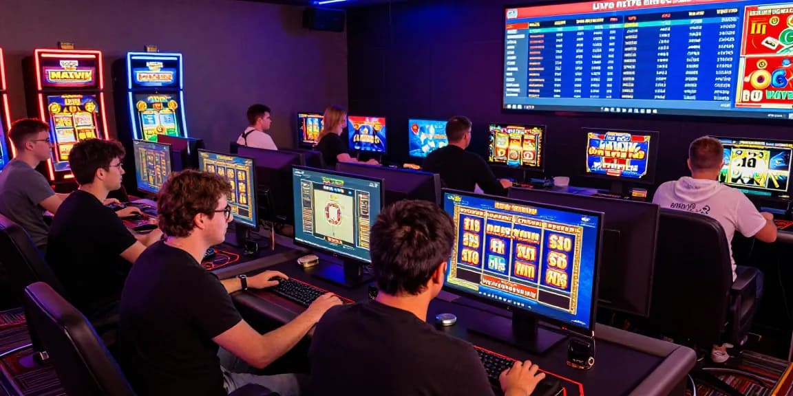 Engaging online gaming environment showcasing diverse players and vibrant slotmaxwin games, with colorful screens and electrifying atmosphere.