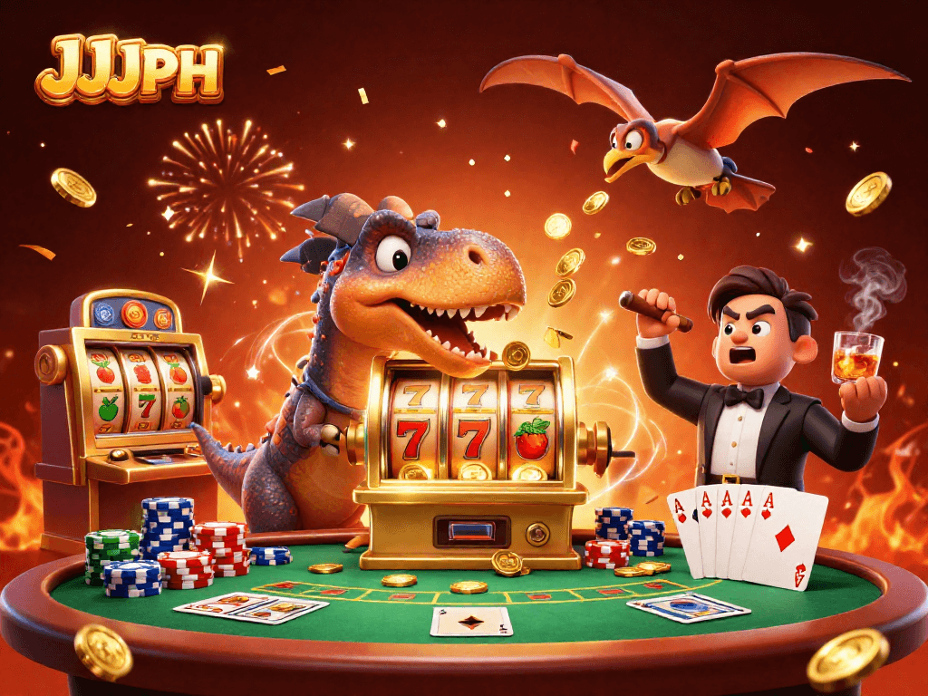 Watch JJJPH's cartoon dinosaur characters celebrate jackpot wins in this vibrant casino scene.