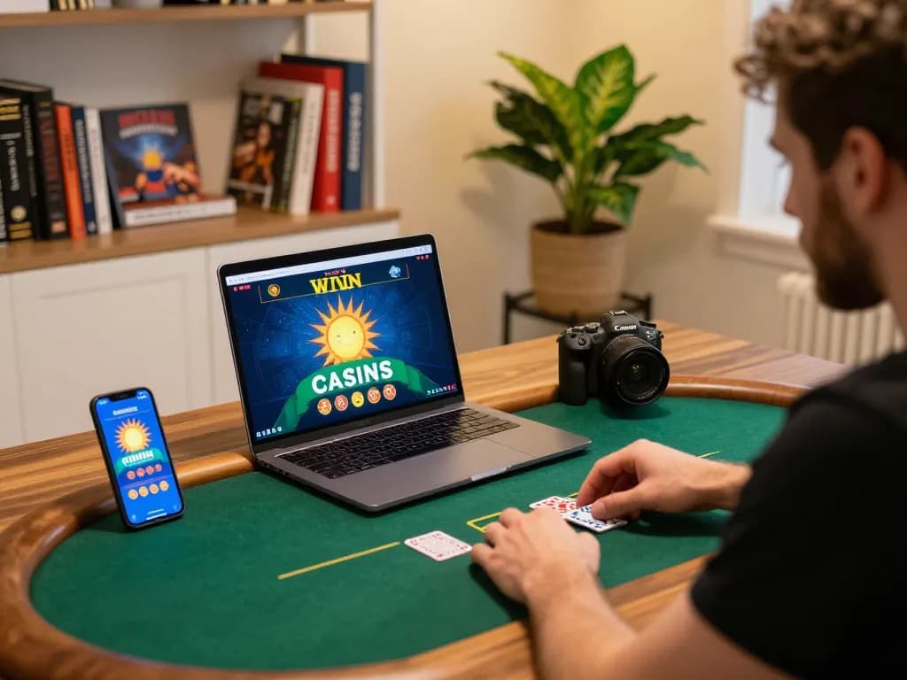 Engaging player using sun win app in a cozy home office for strategic gaming.