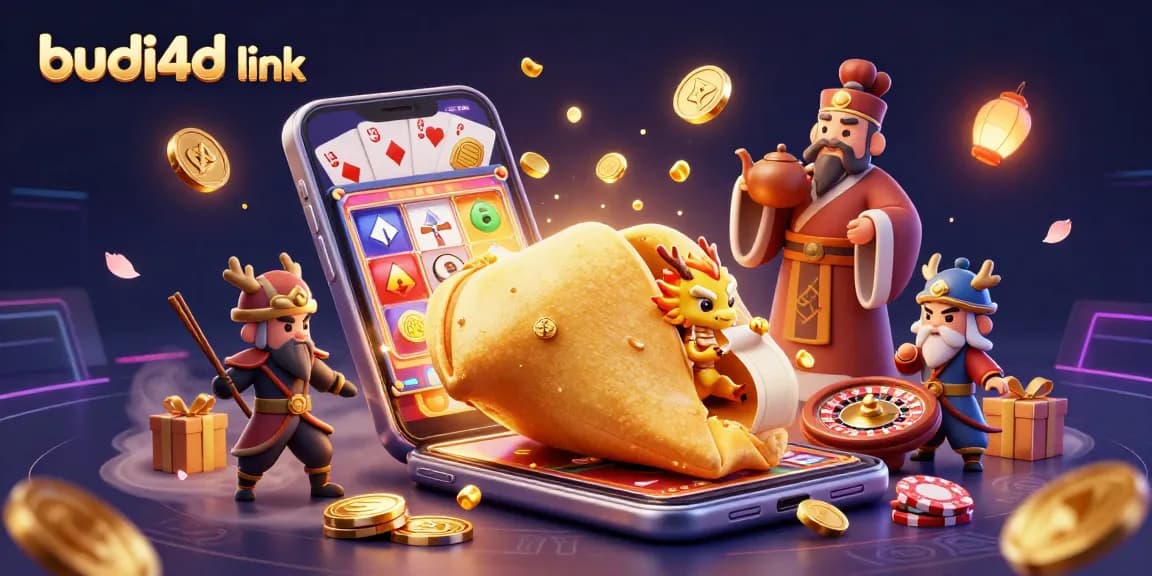 Budi4D link showcases a giant golden fortune cookie and gaming elements in an engaging casino scene.