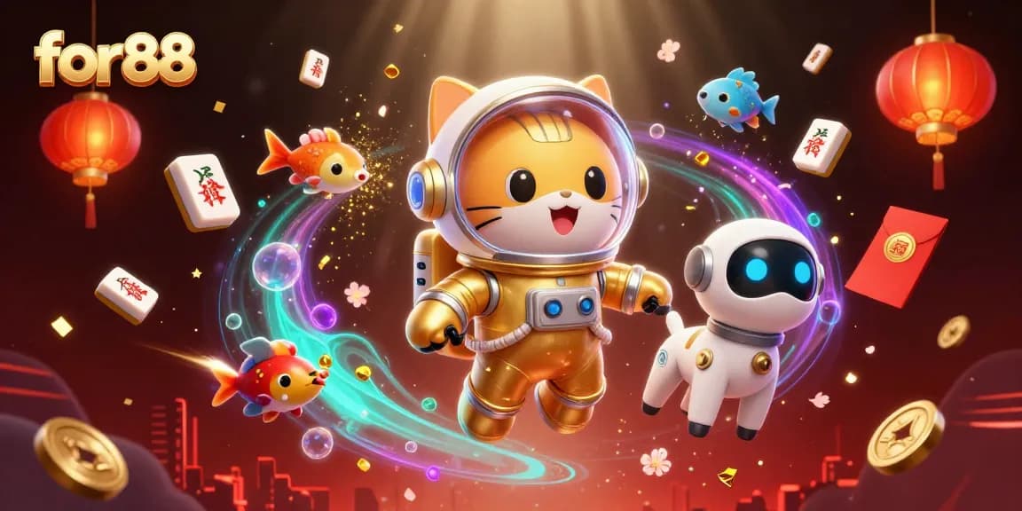 for88 captivates with a 3D illustration depicting a floating astronaut cat and robot dog amid vibrant casino elements.