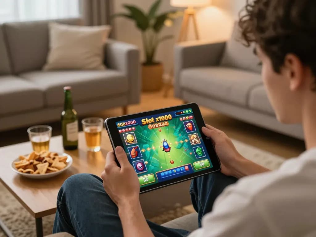 Engaged player enjoying Slot x1000 game on tablet in cozy living room, capturing online gambling excitement.