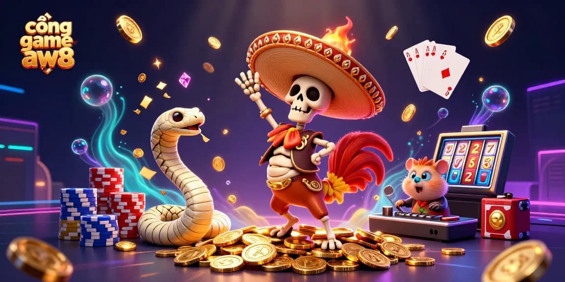 Engage with cổng game aw8 and join an exciting 3D casino scene filled with vibrant characters and rich casino elements.