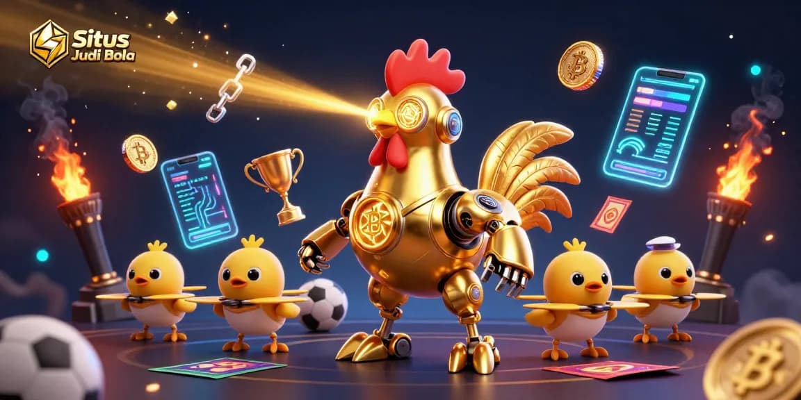 Situs Judi Bola engaging illustration with a futuristic rooster robot and baby chick drones amidst sports betting elements.