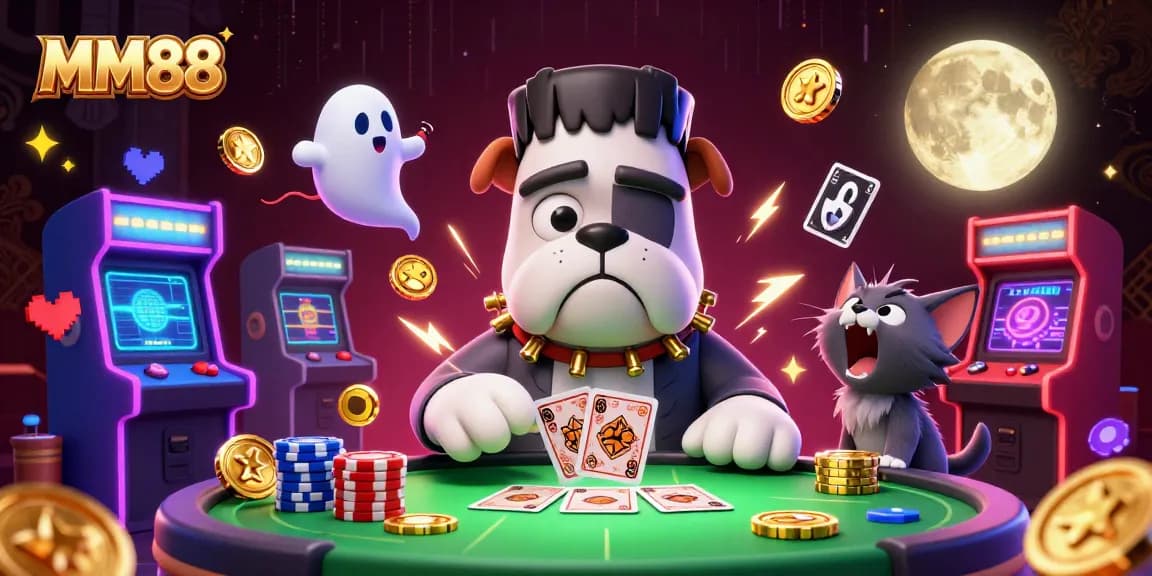 Join the excitement at MM88 with a blackjack showdown featuring a monstrous dealer and playful characters.
