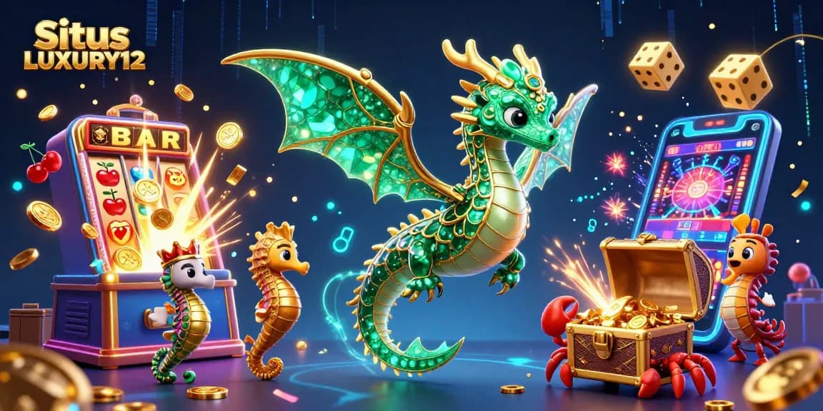 Situs LUXURY12 showcases an action-packed 3D illustration of a sea dragon and treasure, representing a thrilling casino experience.
