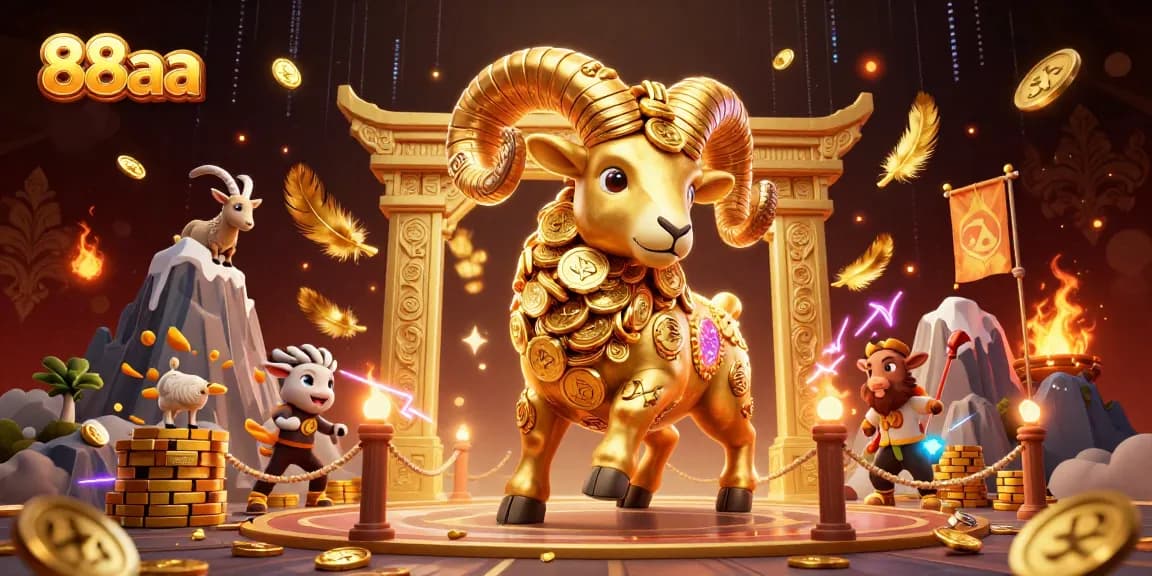 Engage with the thrilling gameplay at 88aa, featuring a charging golden ram amidst swirling golden feathers and action elements.