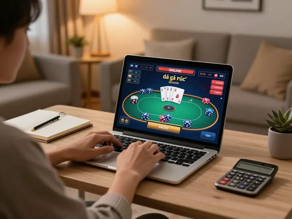 Engaging in đá gà trực tuyến betting on a laptop, showcasing strategic planning and gameplay.