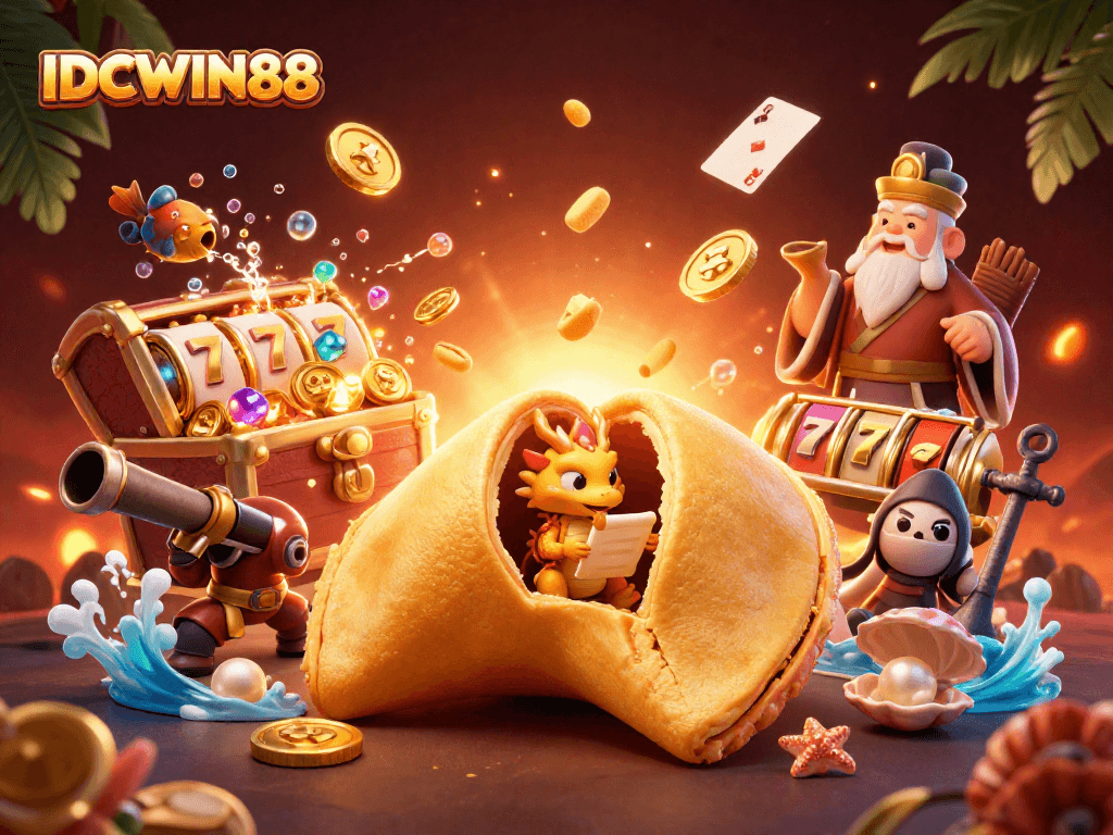 Experience thrilling gameplay at IDCWIN88 with a vibrant 3D cartoon illustration of fortune and casino excitement.