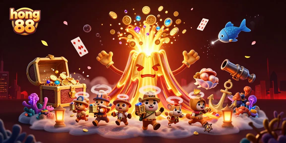 Experience thrilling gameplay at hong 88 with a vibrant 3D illustration showcasing treasures and excitement.