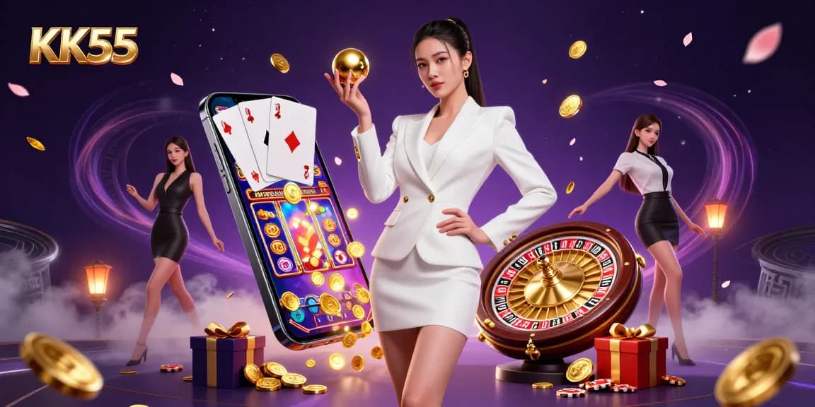 KK55 showcases a stunning casino atmosphere with vibrant games, a confident woman at the center.