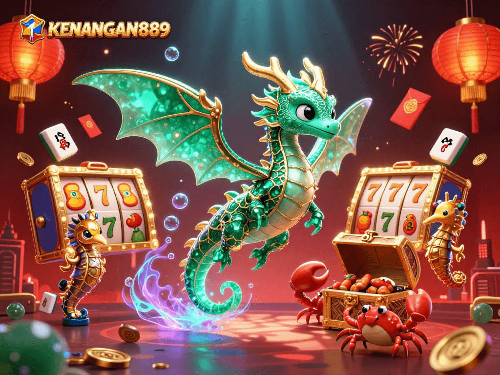 Experience a vibrant casino adventure with KENANGAN889's enchanting underwater scene featuring slot reels and colorful sea characters.