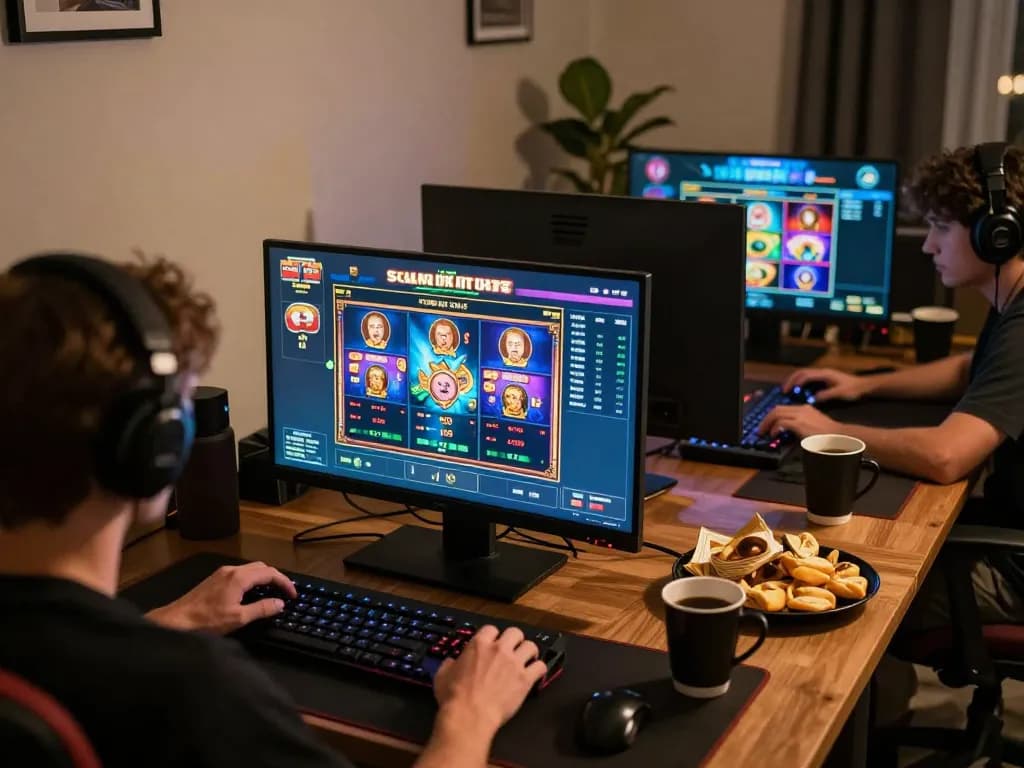 Player enjoying Agen Slot games on multiple screens, showcasing vibrant graphics and strategic betting.