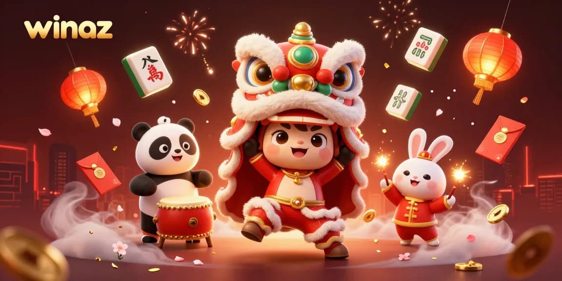 Winaz offers vibrant gaming experiences with a lively lion dance and excitement, symbolizing fun gambling adventures.