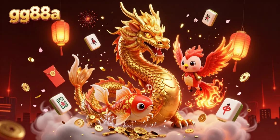 Experience thrilling gameplay at gg88a with a dragon, phoenix, and koi fish amidst casino excitement.