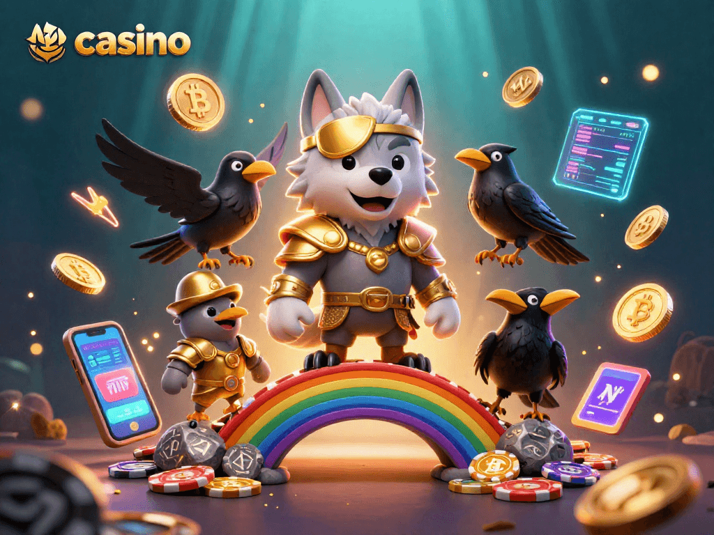 Engage with an exciting casino scene featuring Odin wolf and glowing cryptocurrency elements.