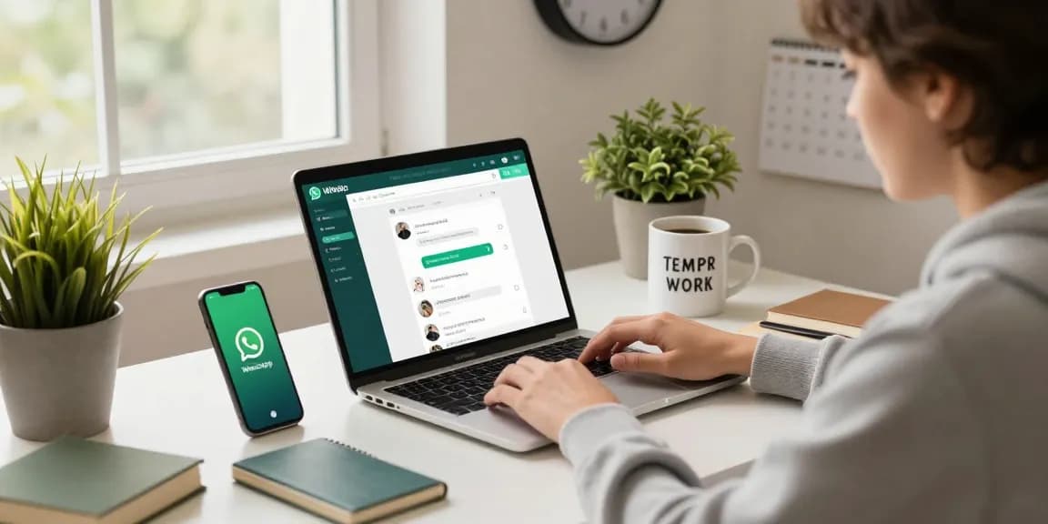 在现代家庭办公室笔记本电脑上使用WhatsApp Web，展现舒适的工作空间元素。
