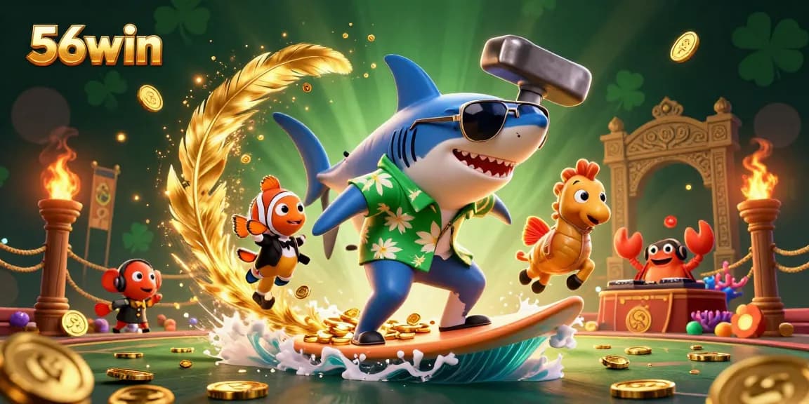Experience thrilling gameplay at 56win with cartoon characters surfing on a wave of gold coins