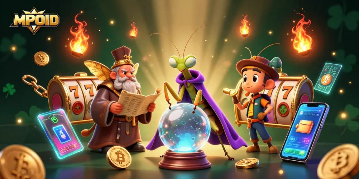 Engage with MPOID's vibrant gambling universe featuring whimsical characters and neon coin elements