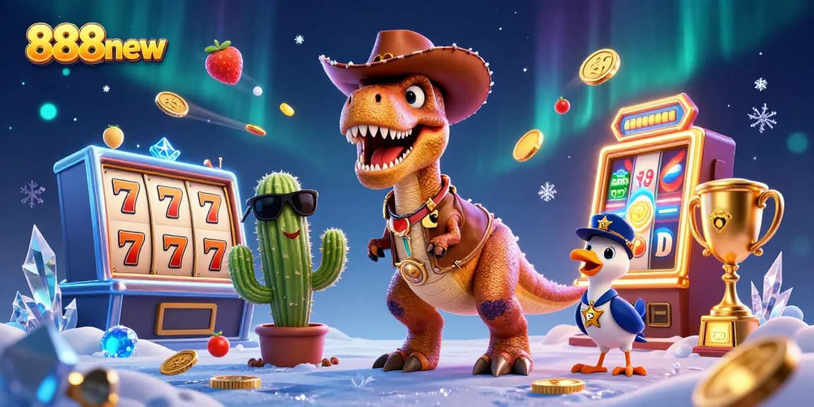 Spin the reels and win big with 888new's exciting jackpot illustrations featuring a dynamic dinosaur and friends.