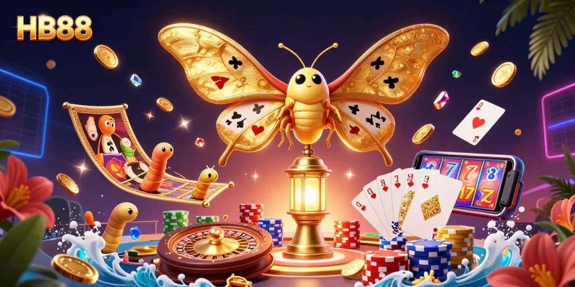Experience thrilling wins with HB88 at this vibrant online casino scene filled with playing cards and golden coins
