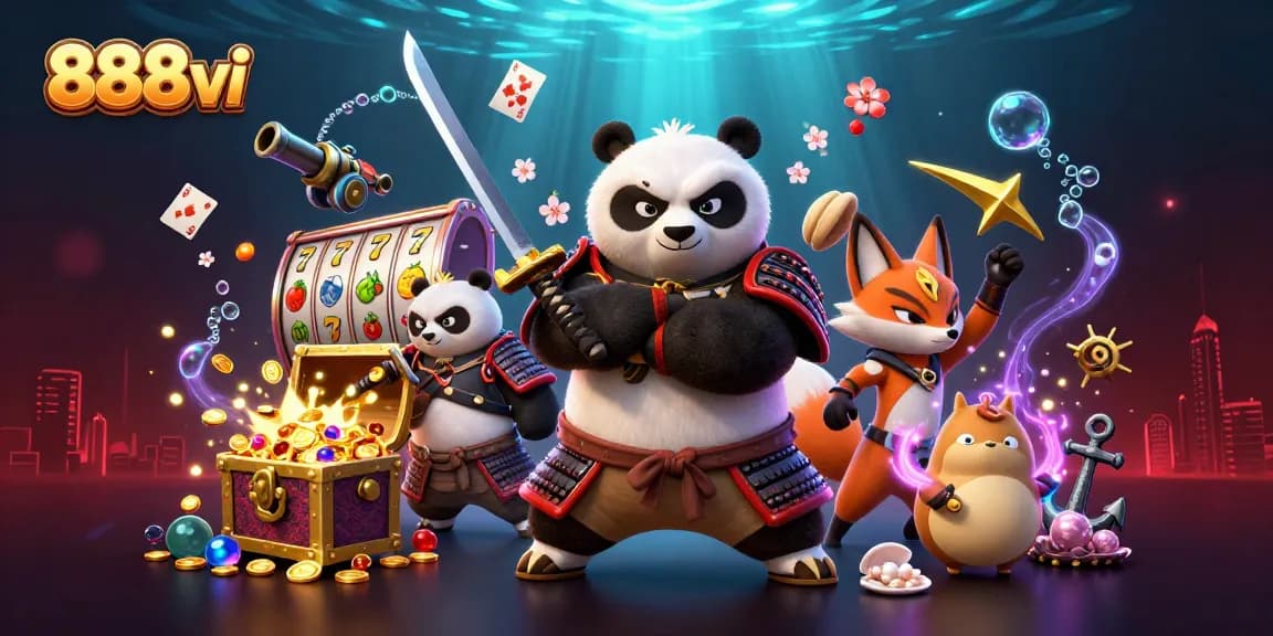 Experience the immersive world of 888vi with samurai panda and ninja fox amidst casino vibes.