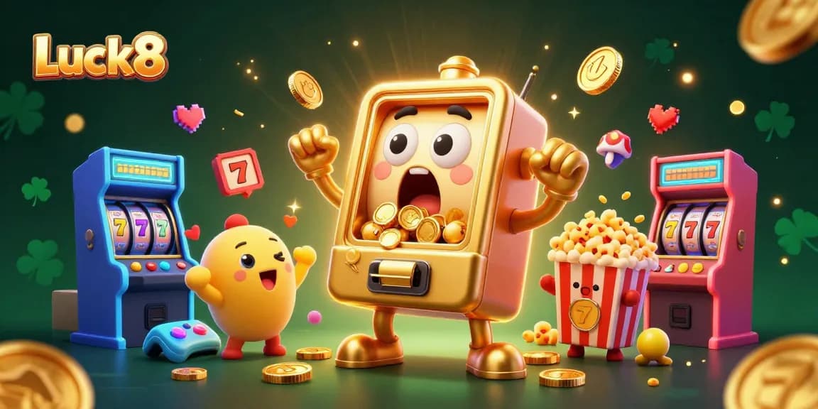 Luck8's golden slot machine hitting a jackpot, surrounded by cheering baby slots and gaming elements.