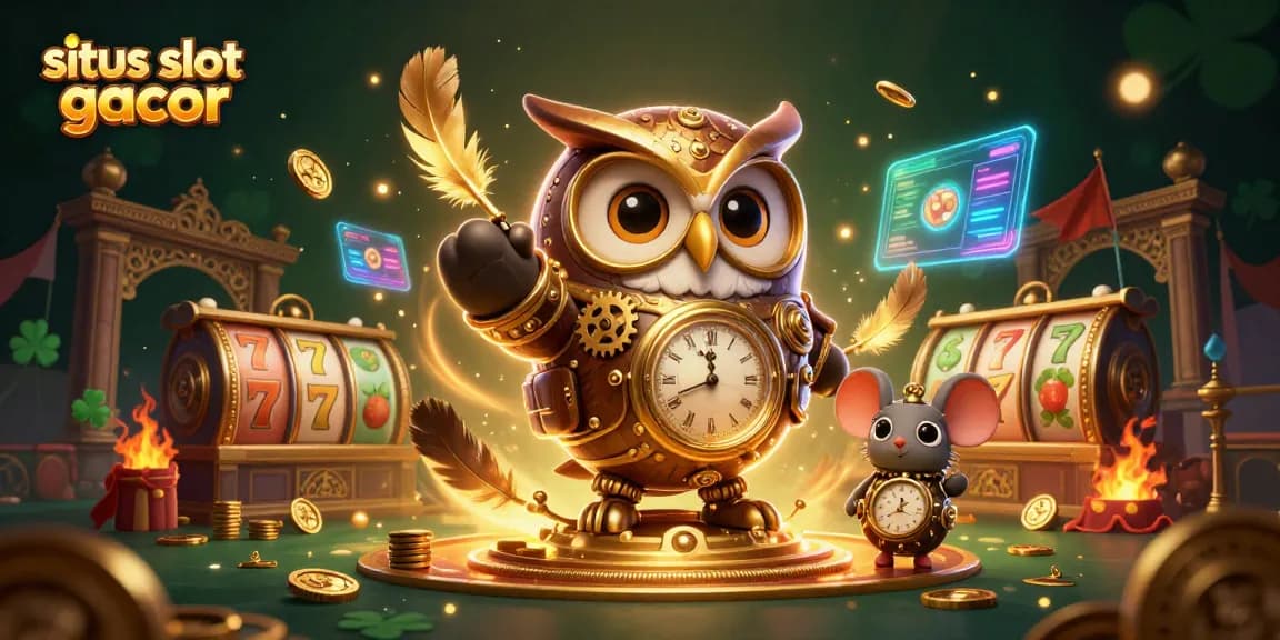 Experience situs slot gacor with the time-traveler owl and winning slot elements in a vibrant 3D casino scene.