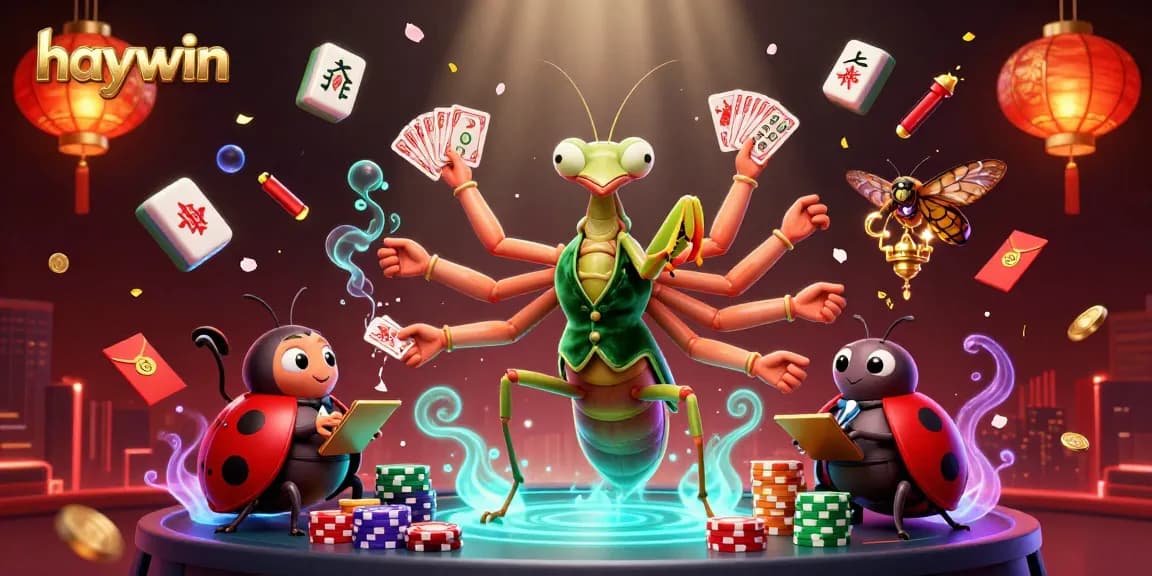 Experience the excitement of haywin with a vibrant casino scene featuring a mantis dealer and lively game elements.