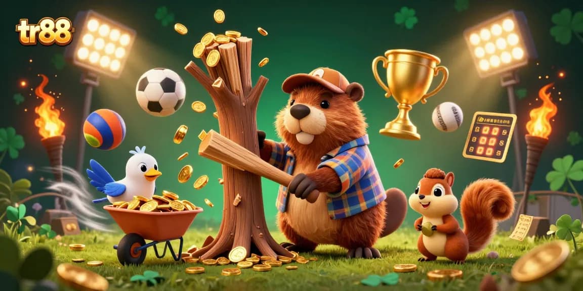 Experience the excitement of tr88 as a beaver collects golden coins in this vibrant casino scene.