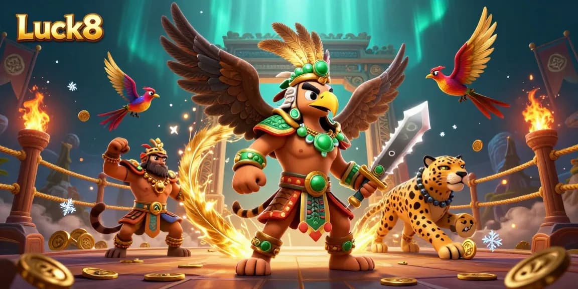 Experience thrilling gameplay at Luck8 with a dynamic 3D scene of warriors among dazzling casino tokens.