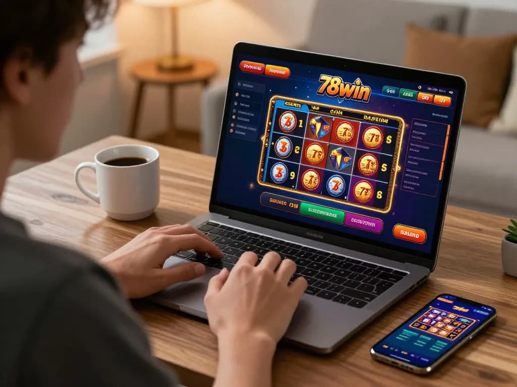 Engaging online gaming experience at 78win with a user examining casino games on a laptop