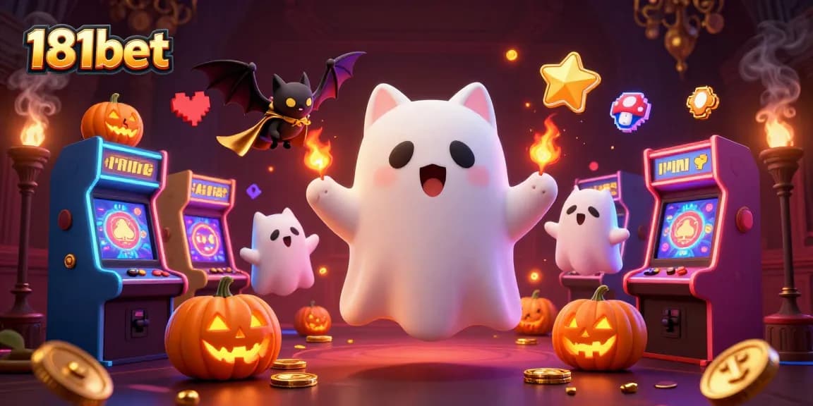 Engage with 181bet's colorful ghost cat and vampire bat in a haunted casino adventure.