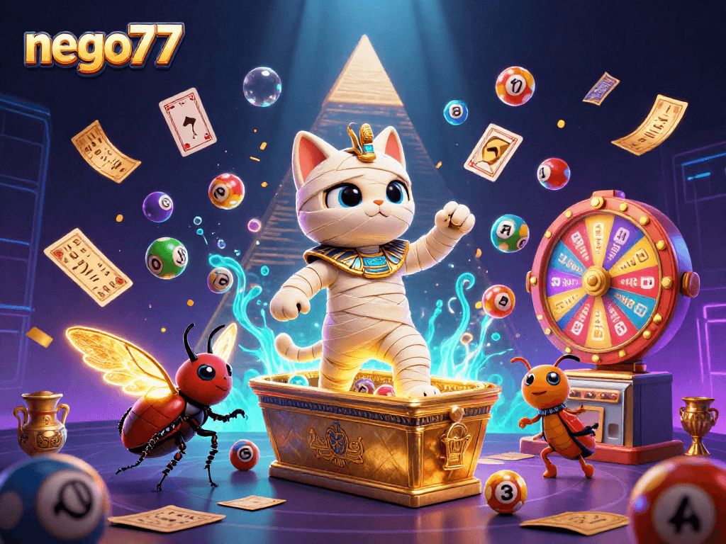 Join the thrilling action at nego77 as a mummy cat bursts from a sarcophagus into a vibrant casino.