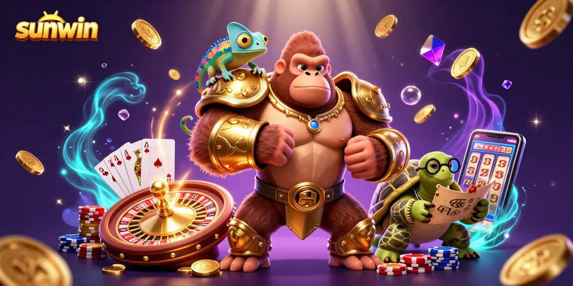 Win big with Sunwin's exciting casino scene featuring vibrant game elements and characters.