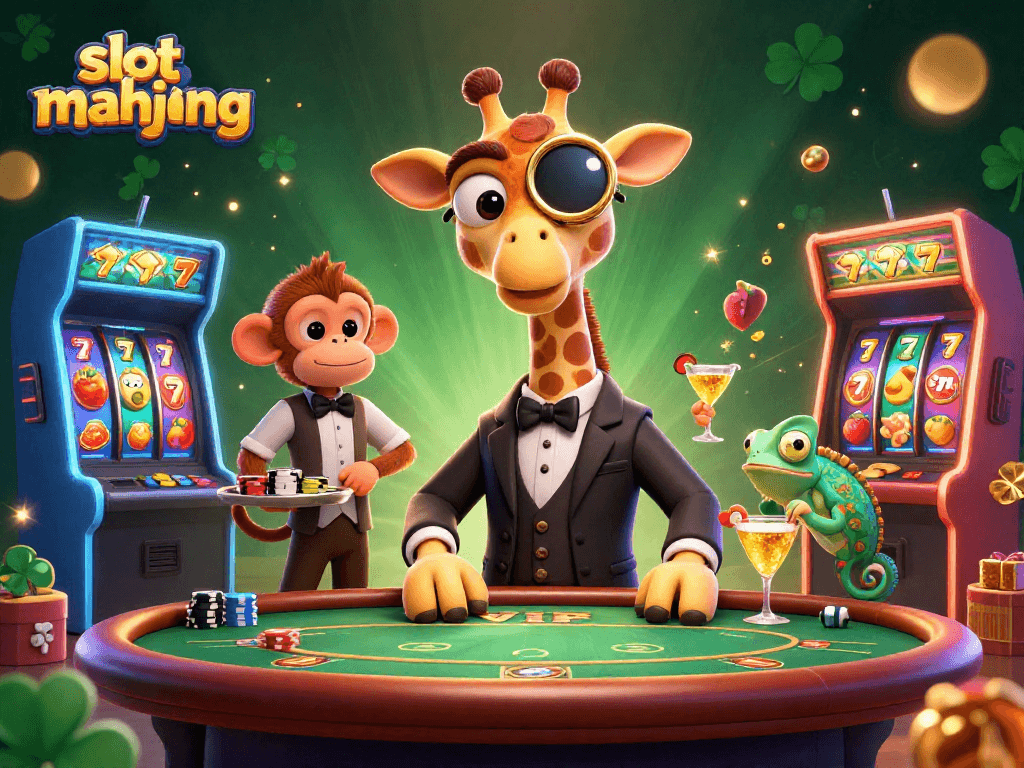 Experience the thrilling excitement of slot mahjong with this vibrant casino illustration showcasing a high-roller giraffe and friends.