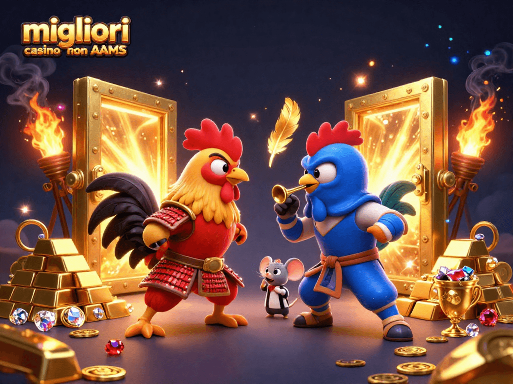 Immagine di roosters in armature che rappresentano i migliori casino non AAMS durante un'epica sfida.