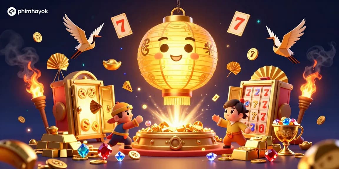 Spin winning combinations on slots with vibrant phimhayok casino illustration filled with gold and gems.