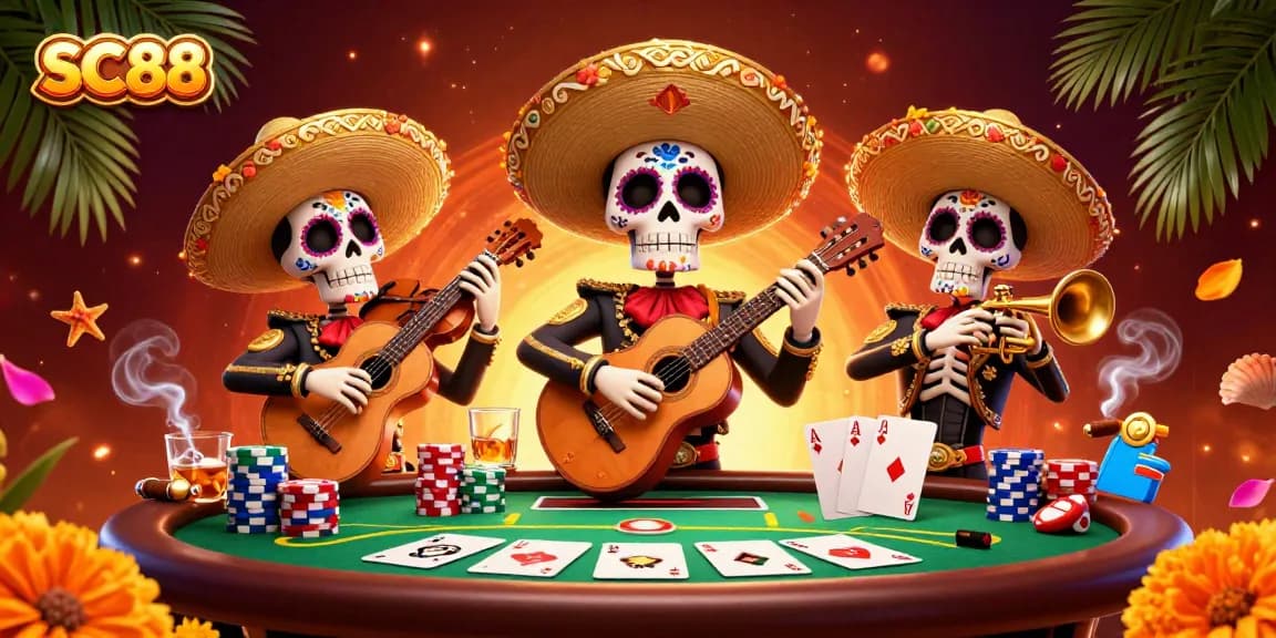 Experience SC88 as colorful mariachi skeletons play poker amidst vibrant casino elements.