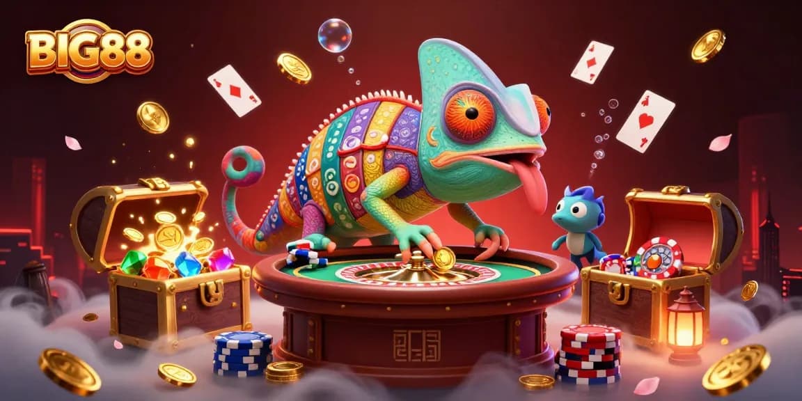 Experience big wins with BIG88's vibrant chameleon casino manager in this dynamic 3D scene.
