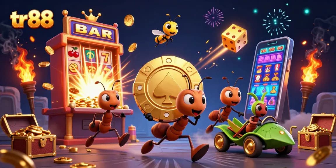 Experience thrilling action with tr 88 as cartoon ants seize a giant poker chip amidst a vibrant casino scene.