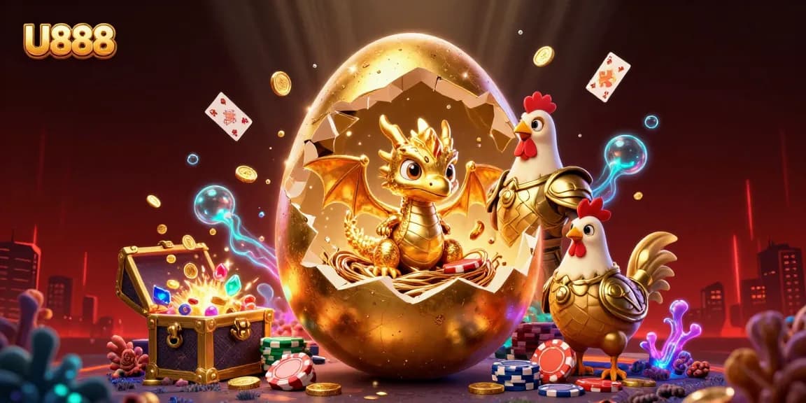 Experience U888's thrilling casino world with a golden dragon and poker chips in this vibrant 3D scene.