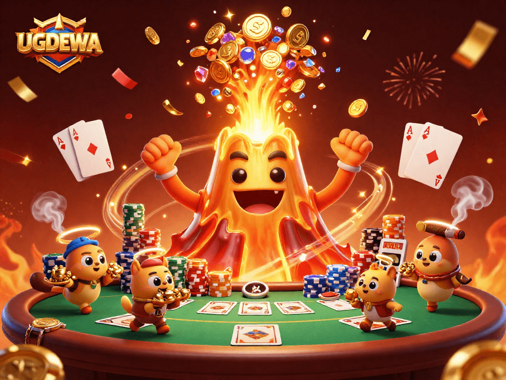 Join the adventure with UGDEWA as joyful creatures escape a golden volcano erupting coins and treasures.