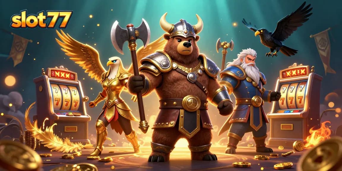 Engage with slot777 as a Viking-themed bear and eagle celebrate jackpot wins amidst glowing slot reels.
