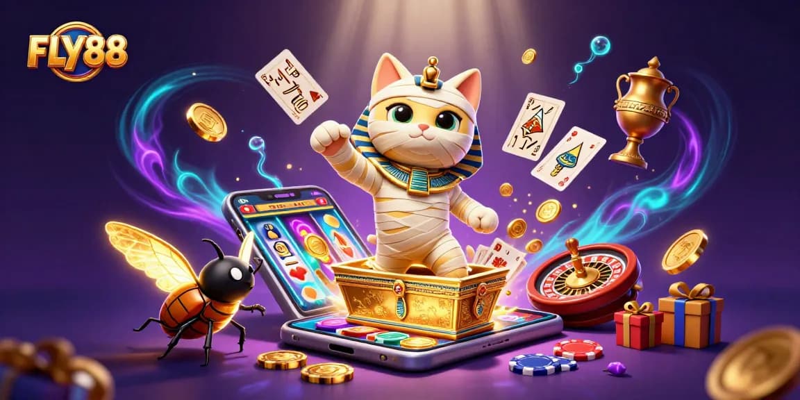 Experience the excitement of FLY88 Casino with a vibrant, 3D illustration of gaming elements and characters.